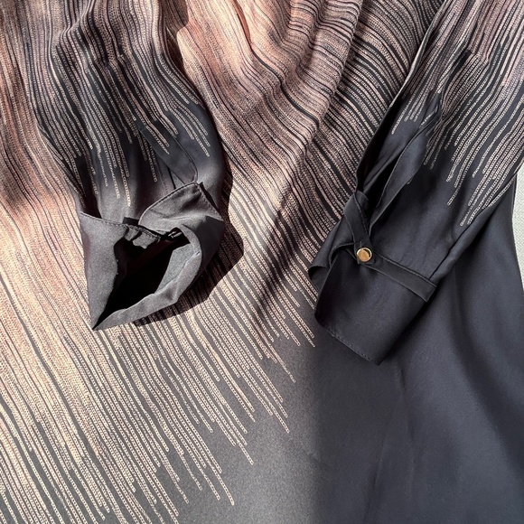 Halston Heritage (M) 100% silk shirt, asymmetrical dress in black and caramel. - Picture 10 of 16